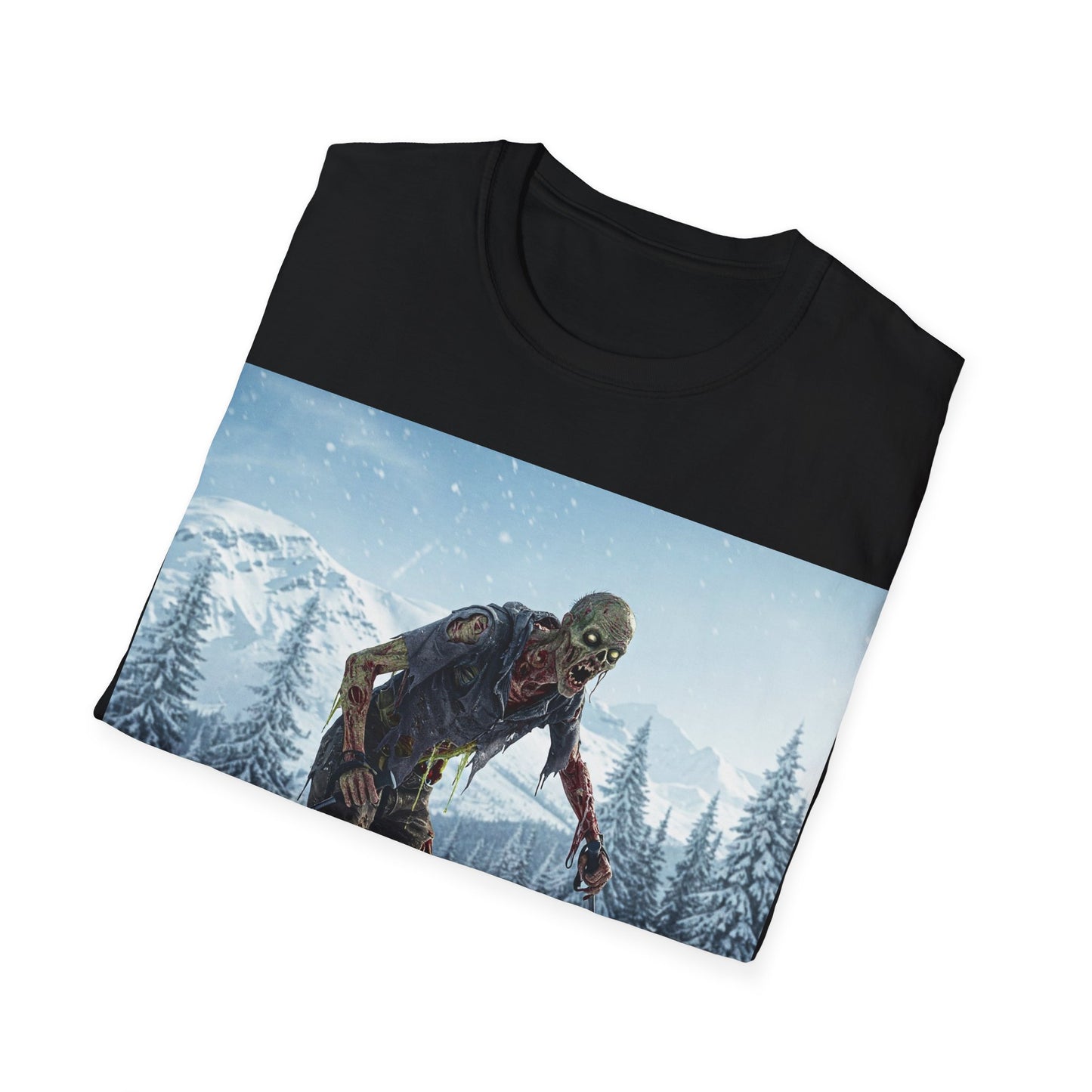 UK - Skiing Zombie Unisex Softstyle T-Shirt - Perfect for Winter Fun & Halloween Enthusiasts