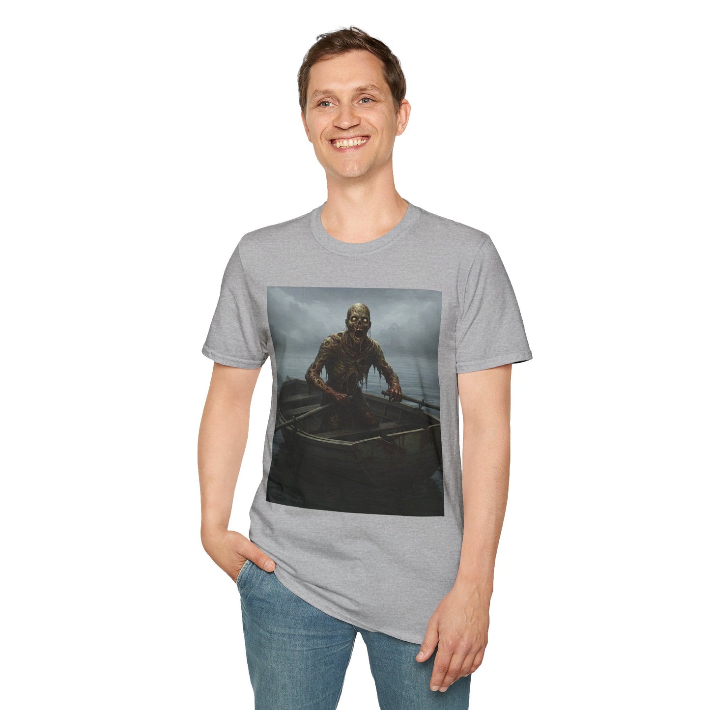 Zombie Rowboat Unisex Softstyle T-Shirt - Spooky Graphic Tee for Halloween Fans