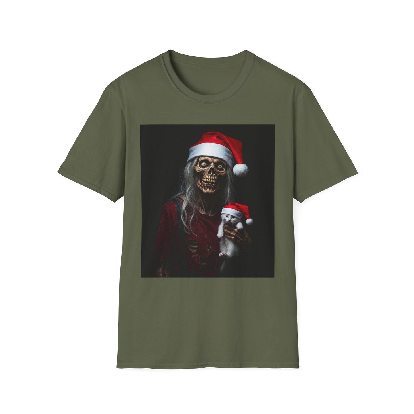 Cat Spooky Santa Skeleton Apocalyptic Portrait Tee, bold, decaying zombie graphic