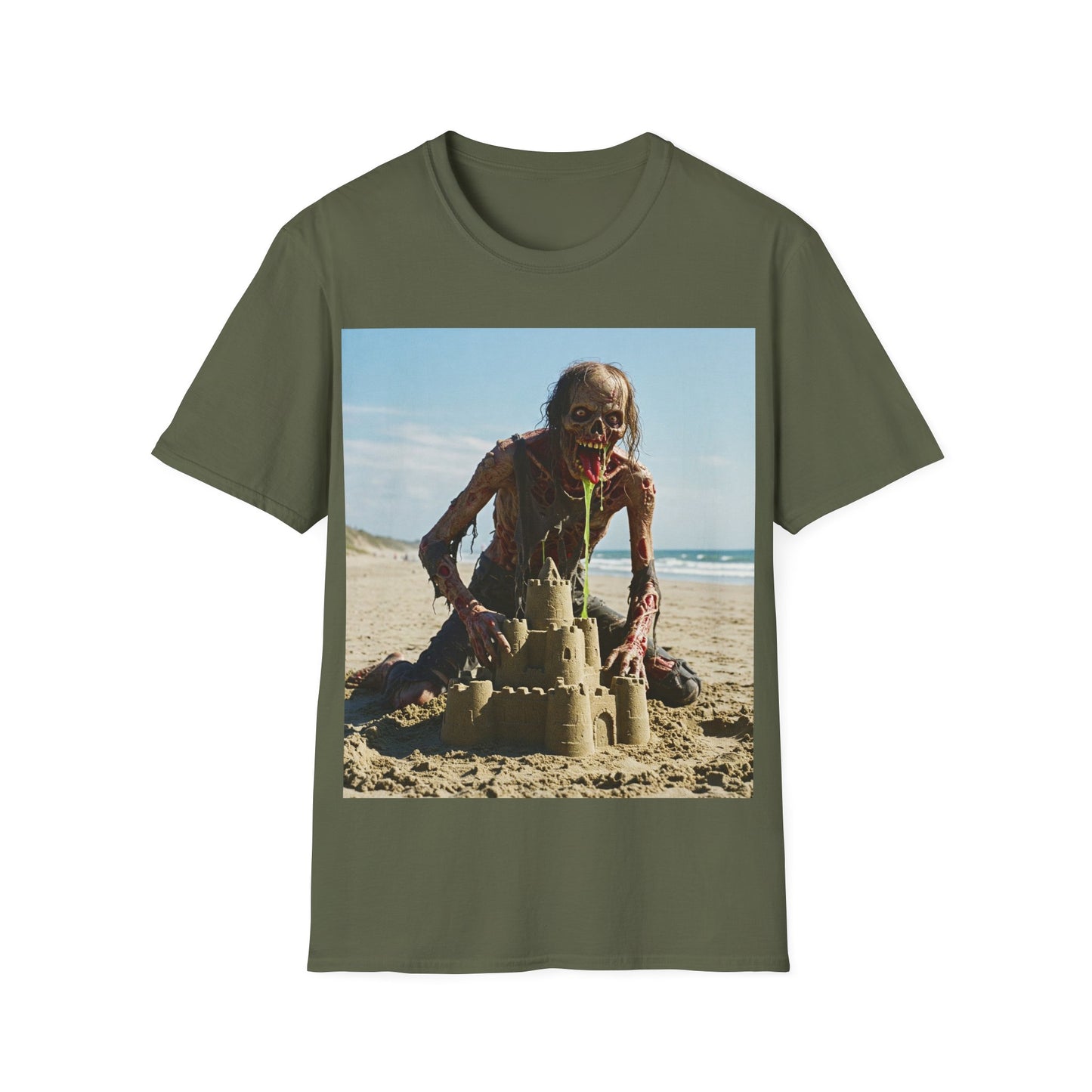 UK - Zombie Sandcastle Unisex Softstyle T-Shirt | Fun Beach Horror Tee