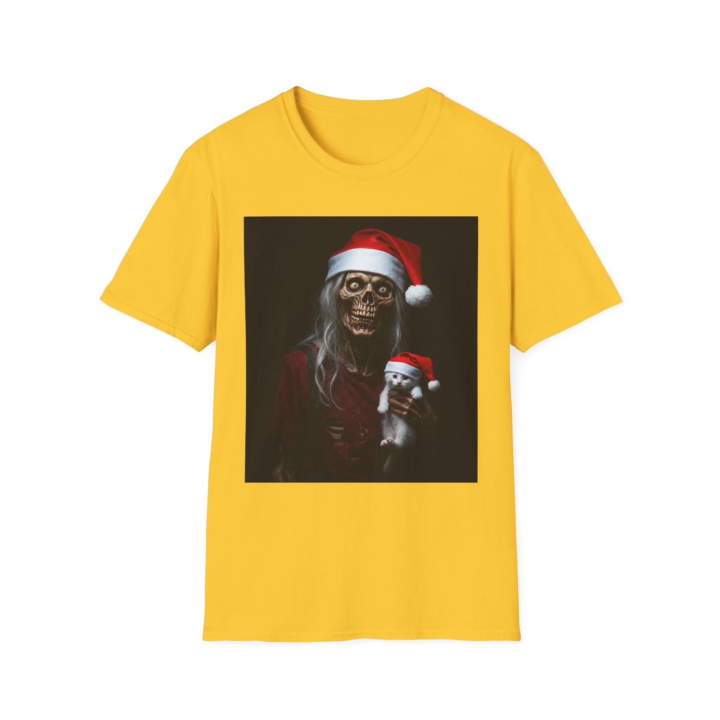 Cat Spooky Santa Skeleton Apocalyptic Portrait Tee, bold, decaying zombie graphic