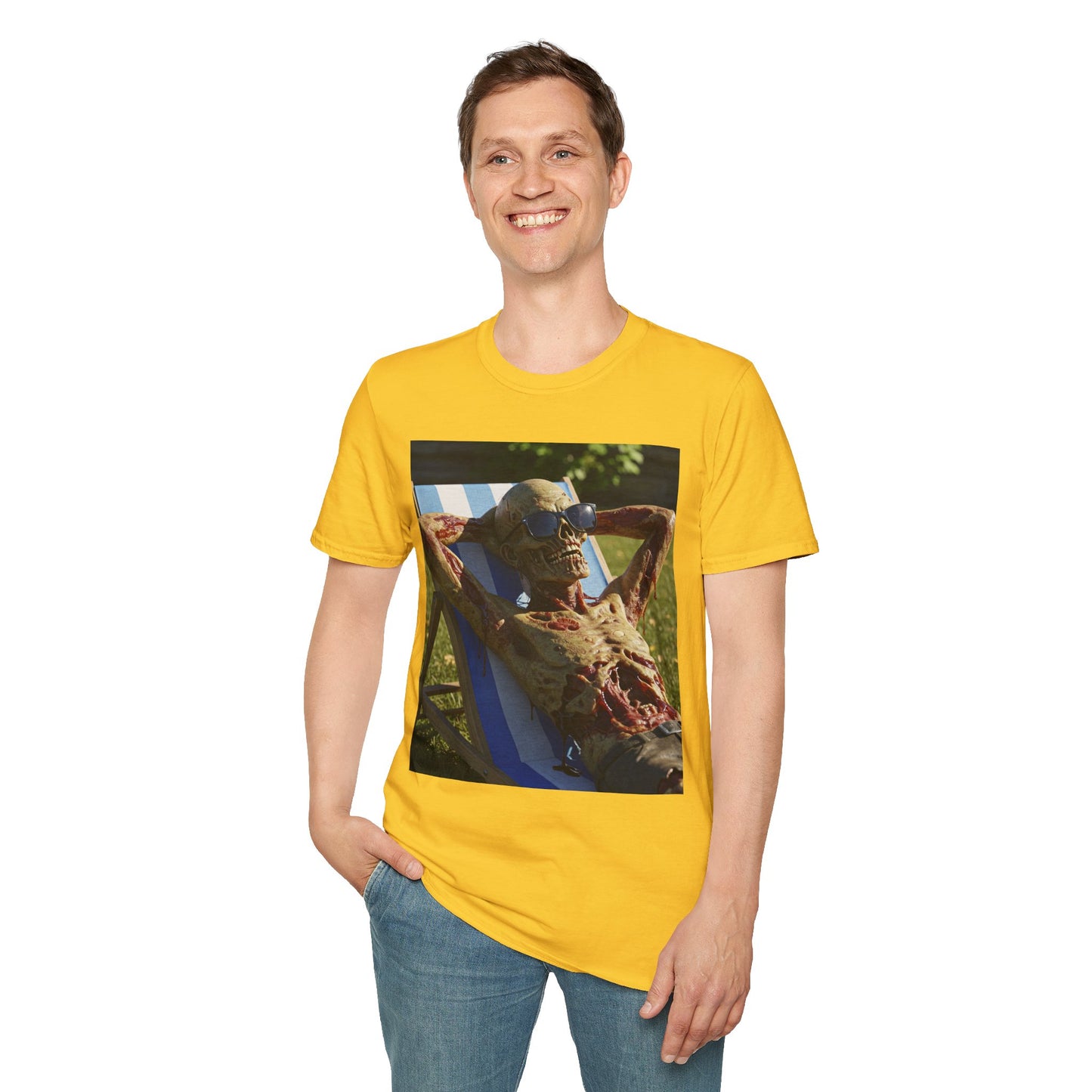 Chillin' Skeleton Unisex Softstyle T-Shirt | Funny Skeleton Beach Tee