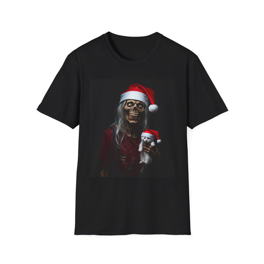 Cat Spooky Santa Skeleton Apocalyptic Portrait Tee, bold, decaying zombie graphic