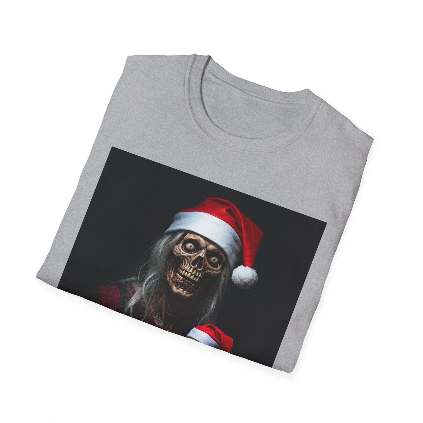 Cat Spooky Santa Skeleton Apocalyptic Portrait Tee, bold, decaying zombie graphic