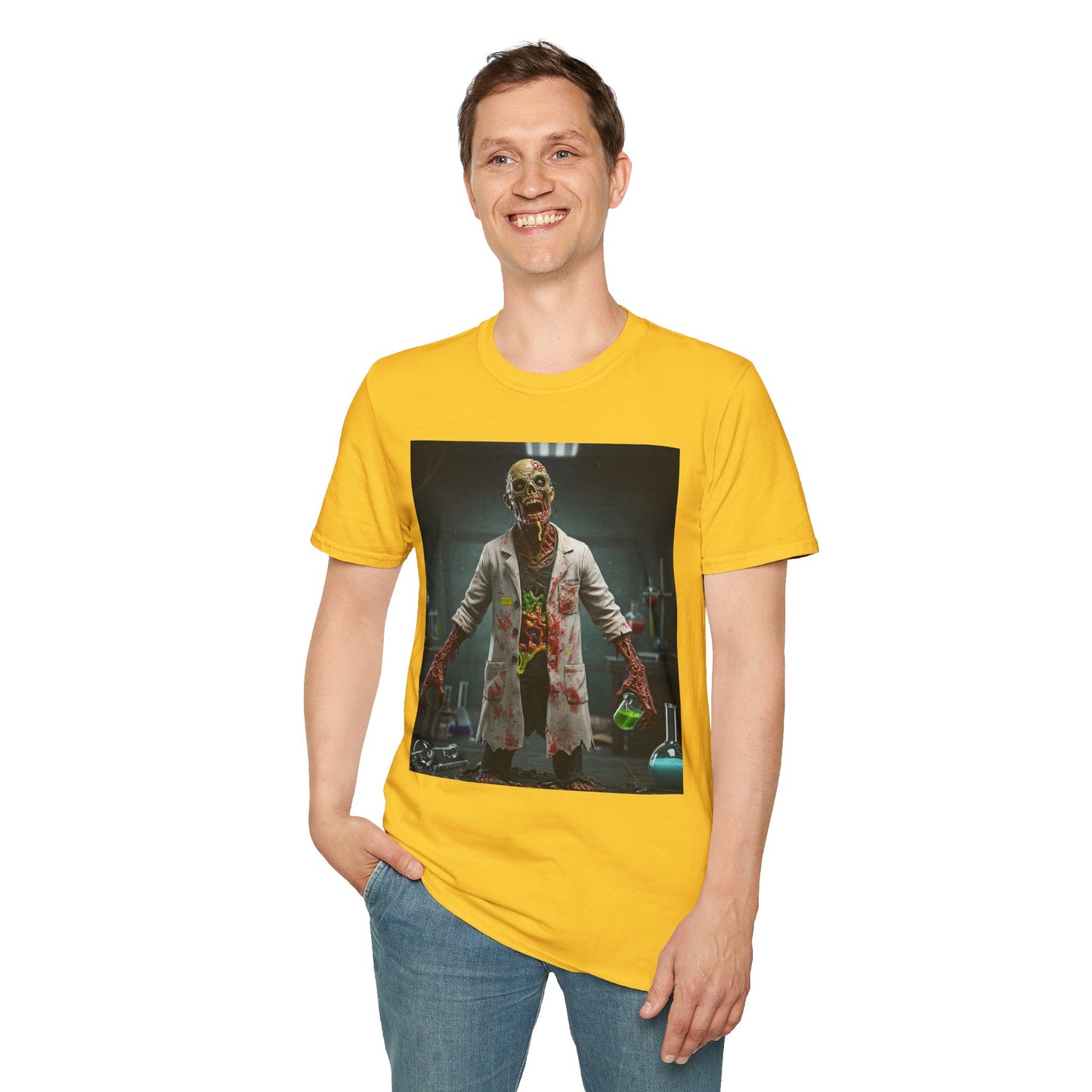 Zombie Scientist Unisex Softstyle T-Shirt - Perfect for Halloween and Horror Fans