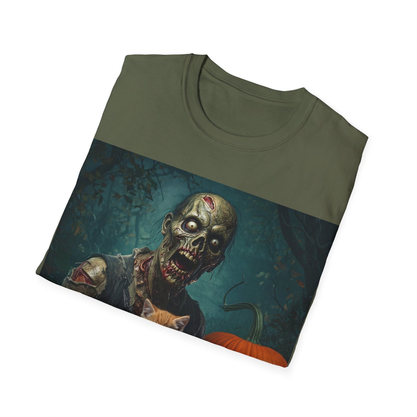 UK - Spooky Cat and Zombie Unisex Softstyle T-Shirt for Halloween