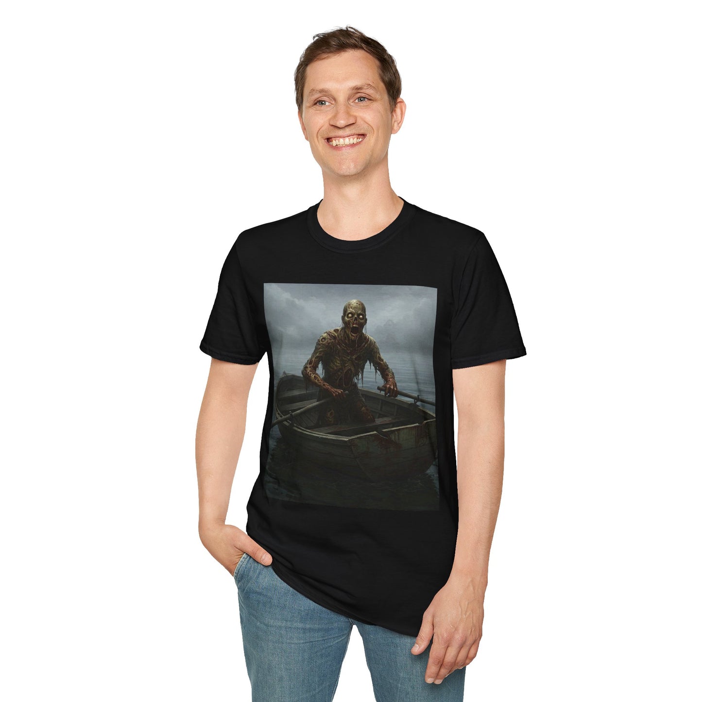 Zombie Rowboat Unisex Softstyle T-Shirt - Spooky Graphic Tee for Halloween Fans